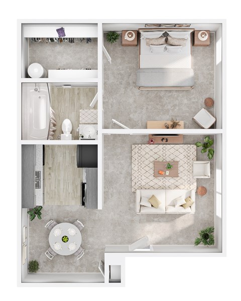 A top-down view of a small, neatly organized apartment with a kitchen, living room, and bathroom.